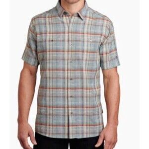 KUHL Shirt Skorpio Short Sleeve Button Up Mens XL  Linen Blend blue beige MINT